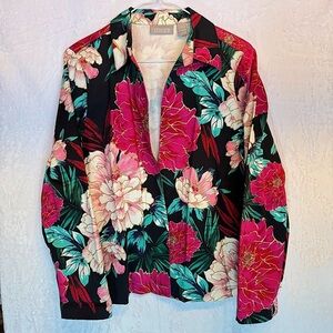 Chico’s Open Front Blazer Jacket Black Burgundy Pink Green Metallic Gold Floral